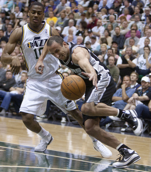 Jeremy Harmon  |  The Salt Lake Tribune

Alec Burks defends Manu Ginobili as the Jazz host the Spurs in the first round of the NBA playoffs at EnergySolutions Arena in Salt Lake City, Saturday, May 5, 2012.