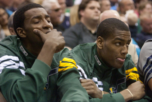 Jeremy Harmon  |  The Salt Lake Tribune

Jeremy Evans and Alec Burks watch from the bench as the Jazz fall behind in the second half as the Jazz host the Spurs in the first round of the NBA playoffs at EnergySolutions Arena in Salt Lake City, Saturday, May 5, 2012.
