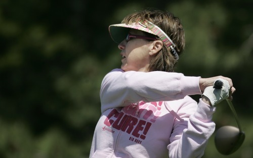Kim Raff | The Salt Lake Tribune
Gail Winterfeld tees off while playing golf at Hidden Valley Country Club in Sandy on Sunday, May 6, 2012. Gail Winterfeld is the top fundraiser for the Utah chapter of the Susan G. Komen Foundation, which this year is seeing a drop in registrations for the May 12 Race for the Cure event held around the country due to the Planned Parenthood controversy. Gail, who had breast cancer, will walk the 5K course and plays golf to stay in shape.