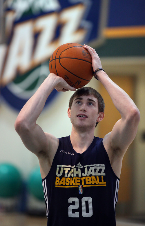 Lennie Mahler  |  The Salt Lake Tribune
Gordon Hayward shoots around during a practice at the Zions Bank Basketball Center on Sunday, May 6, 2012.