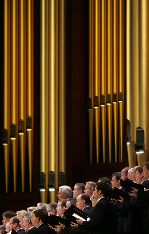 Kim Raff  |  The Salt Lake Tribune
The Mormon Tabernacle Choir, seen here performing during the 182nd Annual General Conference, is sponsoring a contest from its Facebook page that will let one winner conduct the choir for an upcoming rehearsal. Contest deadline in May 25.