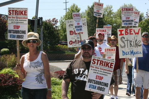 Paul Fraughton | Salt Lake Tribune
Picketers from IBEW  local 1269 strike against Dex One Corp. in Salt Lake on Tuesday, May 8, 2012.