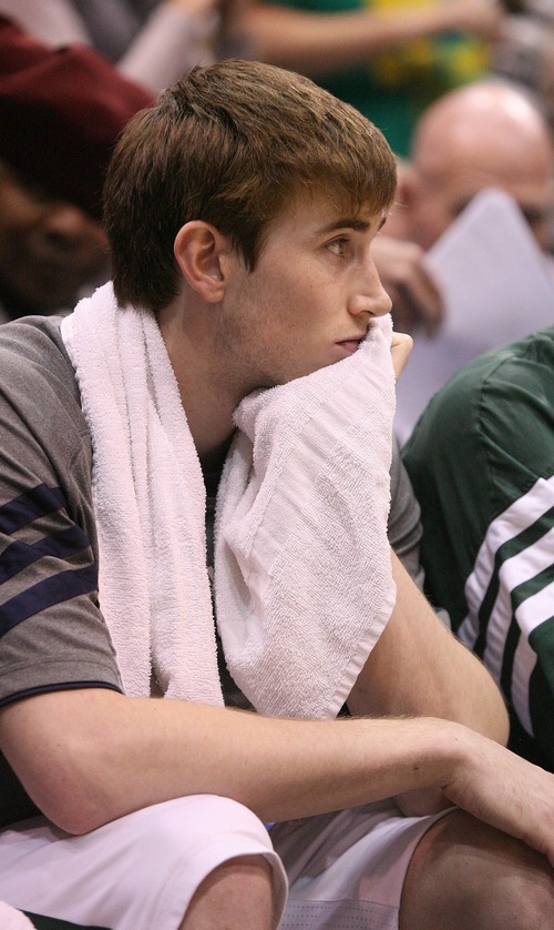 Paul Fraughton / The Salt Lake Tribune
Utah's Gordon Hayward sits on the bench watching as his Utah Jazz go down 87-81 to the Spurs.  The Jazz were swept losing four games of the seven-game NBA Playoffs series.