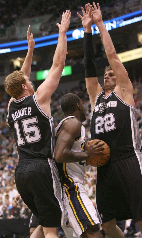 Paul Fraughton / Salt Lake Tribune
Paul Millsap  is sandwiched between San Antonio defenders Matt Bonner and Tiago Splitter. The Utah Jazz played the San Antonio Spurs in game 4 of the  first round of the playoffs at Energy Solutions Arena.
 Monday, May 7, 2012