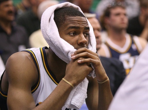 Paul Fraughton / Salt Lake Tribune
 Utah's Alec Burks watches the final minutes of the game.The Utah Jazz played the San Antonio Spurs in game 4 of the  first round of the playoffs at Energy Solutions Arena.
 Monday, May 7, 2012