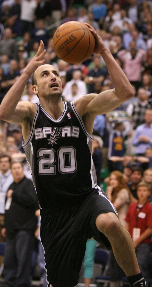 Paul Fraughton / The Salt Lake Tribune
San Antonio's Manu Ginobili  goes up for an easy layup near the end of the game. The Utah Jazz played the San Antonio Spurs in Game 4 of the first round of the NBA Playoffs at EnergySolutions Arena.
 Monday, May 7, 2012