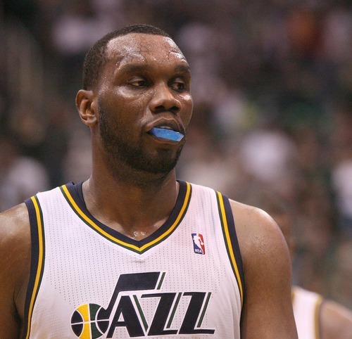 Paul Fraughton / Salt Lake Tribune
A tired Al Jefferson  walks  to the bench. The Utah Jazz played the San Antonio Spurs in game 4 of the  first round of the playoffs at Energy Solutions Arena.
 Monday, May 7, 2012