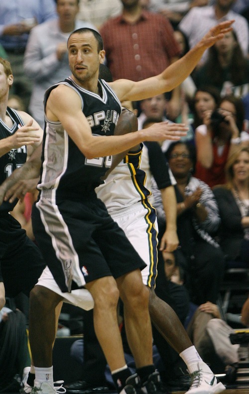 Paul Fraughton / Salt Lake Tribune
Manu Ginobili  looks for the pass.The Utah Jazz played the San Antonio Spurs in game 4 of the  first round of the playoffs at Energy Solutions Arena.
 Monday, May 7, 2012