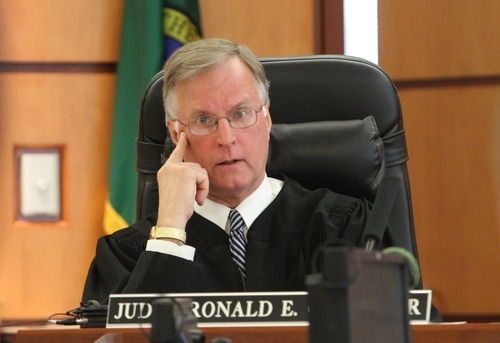 Rick Egan  | The Salt Lake Tribune 

Judge Ronald E. Culpepper presides over Steve Powell's trial on voyeurism and pornography charges in the Pierce County Superior Court house, in Tacoma, Washington,  Monday, May 7, 2012.   Steve Powell is the father-in-law of missing West Valley City woman Susan Powell.