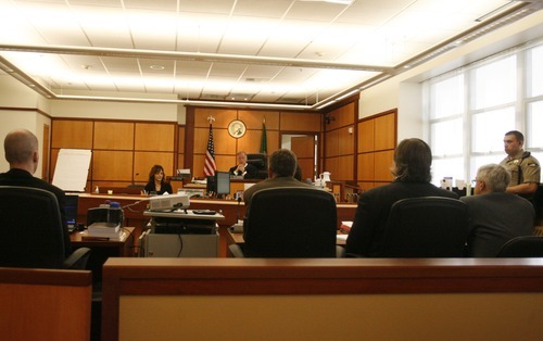 Rick Egan  | The Salt Lake Tribune 

Steve Powell (far right) appears in court for jury selection, in the Pierce County Superior Court, in Tacoma, Washington,  Monday, May 7, 2012.   Powell is the father-in-law of missing West Valley City woman Susan Powell. Judge Ronald E. Culpepper is presiding over the estimated eight-day trial on voyeurism and pornography charges.