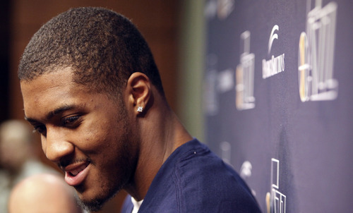 Lennie Mahler  |  The Salt Lake Tribune
Derrick Favors speaks to the media during locker clean-out day Tuesday, May 8, 2012, at EnergySolutions Arena. The San Antonio Spurs swept the Jazz out of the playoffs in the first round.