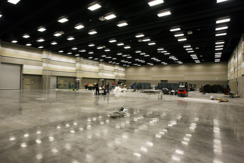 Francisco Kjolseth  |  The Salt Lake Tribune
Boasting nearly 20,000 square feet of space, crews work on the new exhibition hall of the Utah Valley Convention Center in Provo which officially opens May 12.