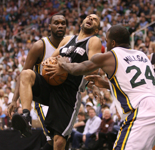 Paul Fraughton | Salt Lake Tribune
Paul Millsap gets  a hand on the ball as Tony Parker goes up for a shot, causing a turnover. The Utah Jazz played the San Antonio Spurs in game 4 of the  first round of the playoffs at Energy Solutions Arena in Salt Lake City on Monday, May 7, 2012.