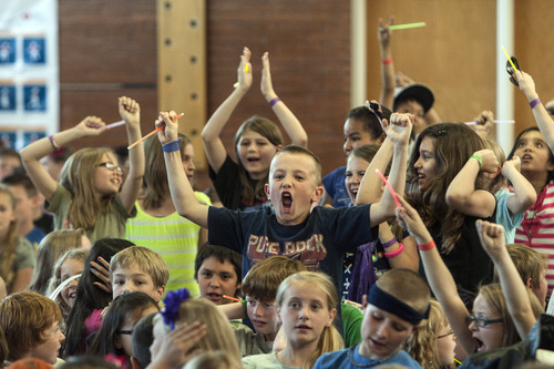 Chris Detrick  |  The Salt Lake Tribune
Students cheer on Friday for their teachers during a rock star assembly at Longview Elementary School during Teacher Appreciation Week.