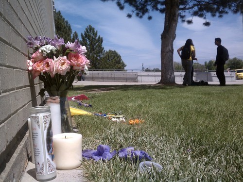 Leah Hogsten | The Salt Lake Tribune
Flowers are left in memory of Jacob Armijo and Avery Bock at Hunter High School in West Valley City on Thursday. The students died Wednesday in a car crash a block from the school. Two other students in the car, and a woman in another car, were injured.