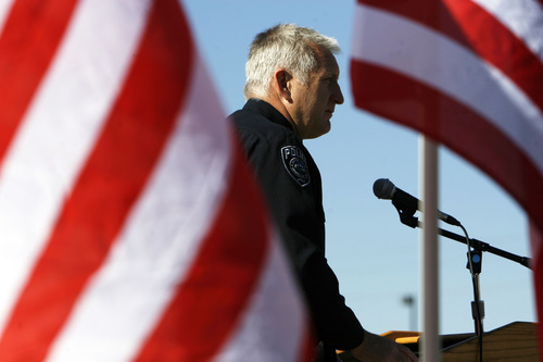 Francisco Kjolseth  |  The Salt Lake Tribune
Sheriff James M Winder says a few words as he is joined by Salt Lake County Sheriff officers and Unified Police to honor fallen members at a memorial service during a short program at the Salt Lake County Sheriff's Office on Wednesday, May 9, 2012.