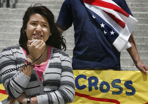 Scott Sommerdorf  |  The Salt Lake Tribune             
Seventeen-year-old Sol Jimenez tearfully tells her story of being undocumented. She was part of a gathering at the State Capitol on Thursday rallying for passage of the Dream Act legislation.