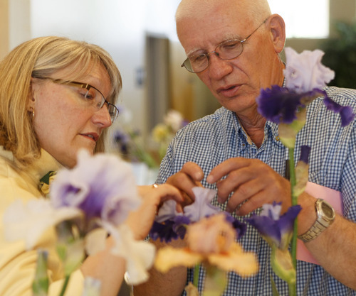 Trent Nelson  |  The Salt Lake Tribune
John Houser, right, explains details about irises to Marti Weber at the Utah Iris Society's show Saturday, May 12, 2012, at Sugar House Park in Salt Lake City.