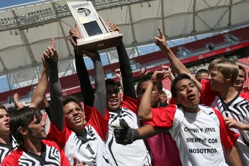 Chris Detrick  |  The Salt Lake Tribune
Members of the Manti soccer team celebrate after winning the 2A soccer championship game at Rio Tinto Stadium Saturday May 12, 2012. Manti won the game 3-2.