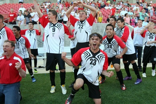 Chris Detrick  |  The Salt Lake Tribune
Manti's Spencer Heywood (23) and his teammates celebrate after winning the 2A soccer championship game at Rio Tinto Stadium Saturday May 12, 2012. Manti won the game 3-2.