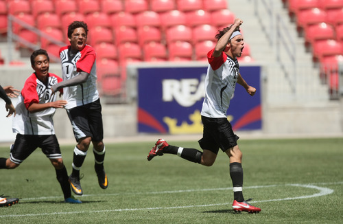 Chris Detrick  |  The Salt Lake Tribune
Manti's Spencer Heywood (23) celebrates after his team scored a goal during the 2A soccer championship game at Rio Tinto Stadium Saturday May 12, 2012. Manti won the game 3-2.