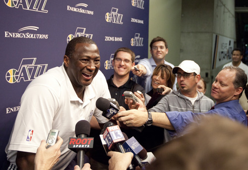 Lennie Mahler  |  The Salt Lake Tribune
Jazz head coach Tyrone Corbin speaks to the media during locker clean-out day Tuesday, May 8, 2012, at EnergySolutions Arena. The San Antonio Spurs swept the Jazz out of the playoffs in the first round.