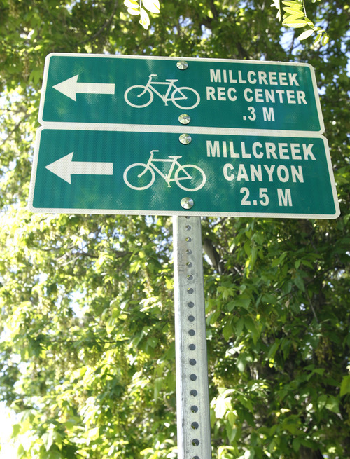 Rick Egan  |  The Salt Lake Tribune 
This bike route sign was installed on Evergreen Avenue Monday as part of the Salt Lake County Connectivity Project. The bike routes will link into Salt Lake City's more advanced network.