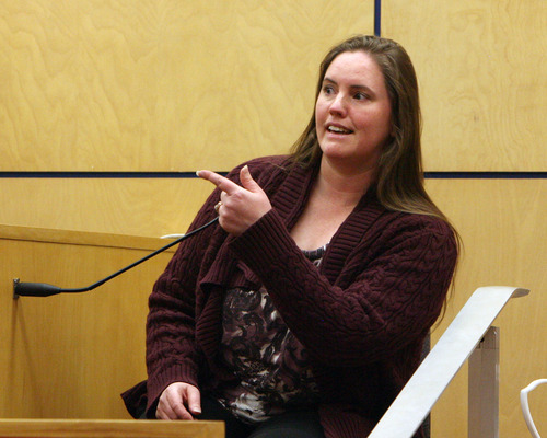 Steve Griffin | The Salt Lake Tribune

Jennifer Graves points out her father, Steve Powell, as she testifies from the witness stand, during trial for Powell in Judge Ronald E. Culpepper's courtroom in the Pierce County Superior Court in Tacoma, Wash., Monday May 14, 2012.