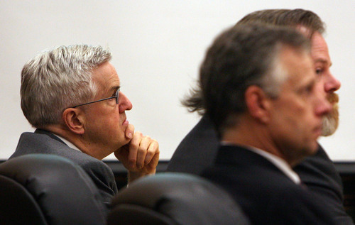 Steve Griffin | The Salt Lake Tribune

Steve Powell, left, listens to testimony from West Valley City police Detective Ellis Maxwell during Powell's trial for voyeurism charges in Judge Ronald E. Culpepper's courtroom in the Pierce County Superior Court in Tacoma, Wash., on Monday May 14, 2012.