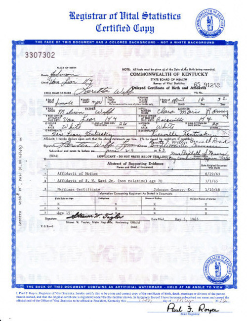 An image of the birth certificate of country music legend Loretta Lynn