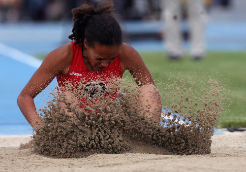 Kim Raff | The Salt Lake Tribune
Alyssa Brown of Spanish Fork competes in the Girl's Long Jump 3A finals during the UHSAA State Track Competition at the Clarence F. Robison Track & Field Stadium in Provo, Utah on May 18, 2012.