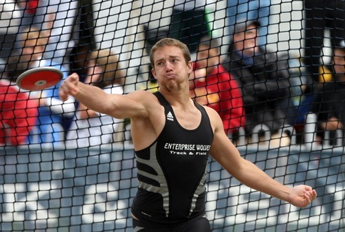 Kim Raff | The Salt Lake Tribune
Brett Schill of Enterprise High School competes in the 2A discuss event during the UHSAA State Track Competition at the Clarence F. Robison Track & Field Stadium in Provo, Utah on May 18, 2012.  Boorman came in second place in the event.