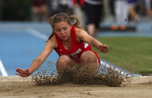 Kim Raff | The Salt Lake Tribune
Candice Buttars of Bear River competes in the Girl's Long Jump 3A finals during the UHSAA State Track Competition at the Clarence F. Robison Track & Field Stadium in Provo, Utah on May 18, 2012.