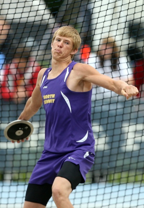 Kim Raff | The Salt Lake Tribune
Landon Richins of North Summit competes in the 2A discuss event during the UHSAA State Track Competition at the Clarence F. Robison Track & Field Stadium in Provo, Utah on May 18, 2012.