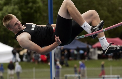 Kim Raff | The Salt Lake Tribune
Weber High School jumper Cameron Call attempts a jump during the UHSAA State Track Competition at the Clarence F. Robison Track & Field Stadium in Provo, Utah on May 18, 2012.