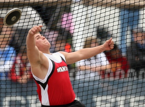 Kim Raff | The Salt Lake Tribune
Christian Boorman of Manti High School competes in the 2A discuss event during the UHSAA State Track Competition at the Clarence F. Robison Track & Field Stadium in Provo, Utah on May 18, 2012.  Boorman came in second place in the event.