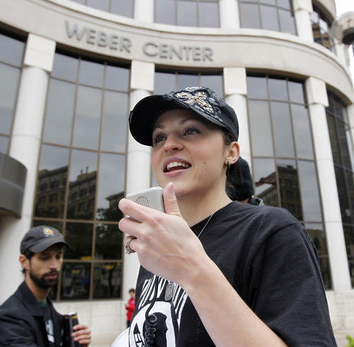 Al Hartmann  |  The Salt Lake Tribune
Erna Stewart, sister-in-law of  accused police killer Matthew David Stewart speaks to rally of supporters Friday May 18 decrying the 
