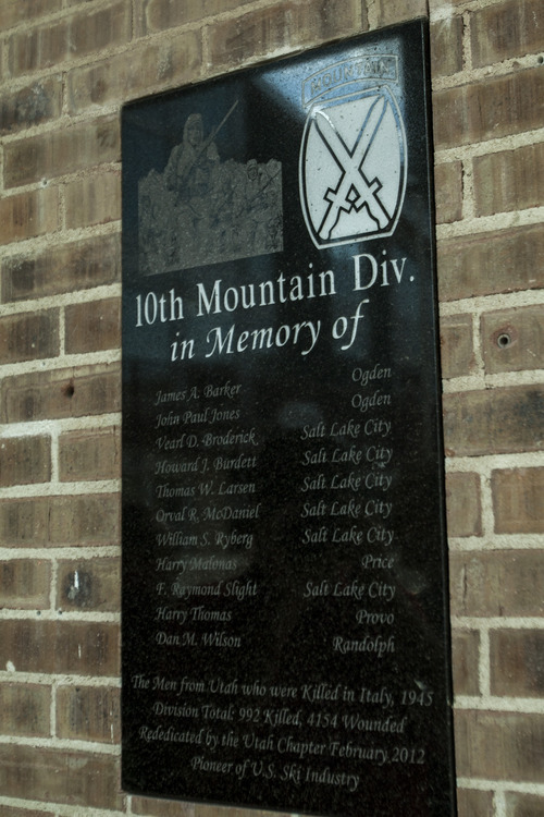 Chris Detrick  |  The Salt Lake Tribune
The memorial plaque is displayed during the 10th Mountain Division memorial program at Park City Mountain Resort Saturday, May 19, 2012.  The name of an 11th soldier, Dan M. Wilson of Randolph, is being added to a memorial plaque honoring Utah soldiers who died in combat in Italy as part of the 10th Mountain Division.