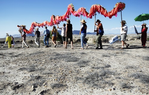 Kim Raff | The Salt Lake Tribune
Protesters have a parade during a rally near the proposed construction site for nuclear reactors in Green River, Utah on May 19, 2012.