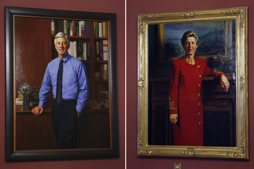 Francisco Kjolseth  |  The Salt Lake Tribune
When it comes to some of Salt Lake City's former mayor's portraits hanging in Salt Lake City Hall, Deedee Corradini's painted portrait has recently moved back to its original home outside of the mayor's outer office. During Rocky Andersons time in office from 2000-2008, he had her portrait moved to the other side of the building. Now the two face each other. Corradini was in office from 1992-2000.