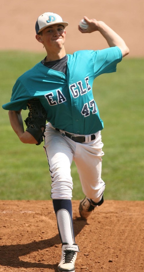 Leah Hogsten  |  The Salt Lake Tribune
 Juan Diego's Kade Wagner pitched a shut out game.  Juan Diego High School boys baseball team defeated Snow Canyon during their first 3A State Game to force a second Saturday, May 19 2012 in Kearns.
