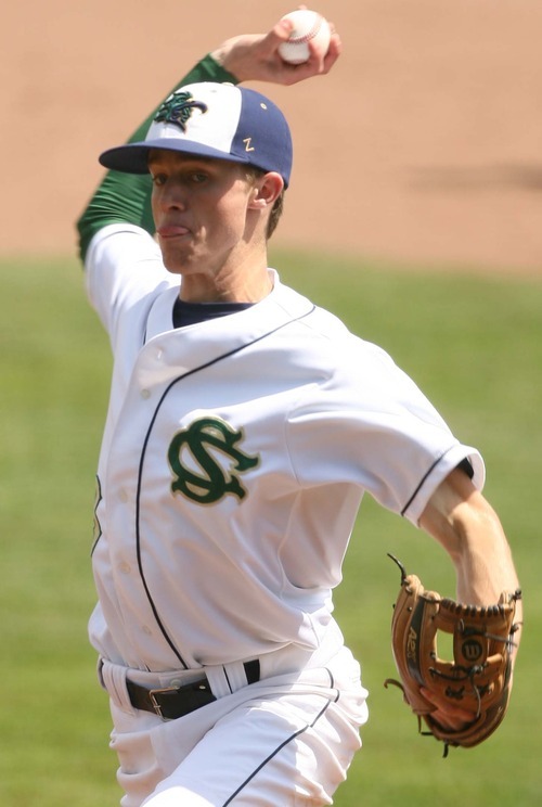 Leah Hogsten  |  The Salt Lake Tribune
Snow Canyon pitcher Austin Ovard. Juan Diego High School boys baseball team defeated Snow Canyon during their first 3A State Game to force a second Saturday, May 19 2012 in Kearns.