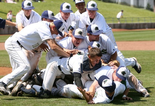 Leah Hogsten  |  The Salt Lake Tribune
 Snow Canyon's coaches and players leap out of the dugout to tackle pitcher Austin Ovard after winning the game. Snow Canyon High School boys baseball team defeated Juan Diego during their final 3A State Championship Game 5-1 Saturday, May 19 2012 in Kearns.