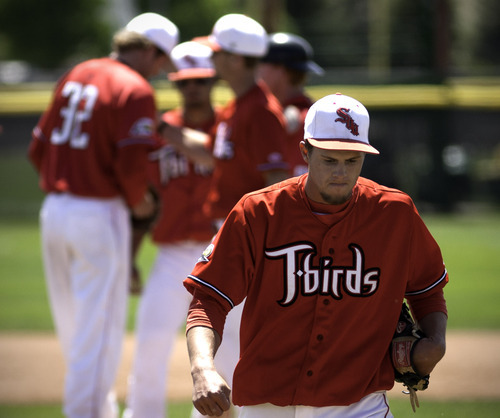 Cobb Condie | Special to The Salt Lake Tribune
 
Starting pitcher, Joe Karlik, walks off the mound for the last time at Southern Utah University's Thunderbird Park on Saturday, May 12.