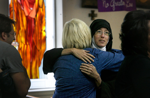 Scott Sommerdorf  |  The Salt Lake Tribune             
Sister Rachael Christian hugs a parishioner at the Glory to God Old Catholic Church in Ogden, Sunday, May 6, 2012. Later, she took her vows during the service.