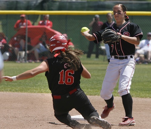 Paul Fraughton / Salt Lake Tribune
Bear River's  Erin Fox is out at second as Spanish Forks Keli Hales throws to first.

 Monday, May 21, 2012