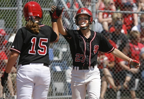 Paul Fraughton / Salt Lake Tribune
In the first game between Spanish Fork and Bear River, it was all Spanish Fork. Sydney Butler and Dani Perkins celebrate another run in game one.

 Monday, May 21, 2012