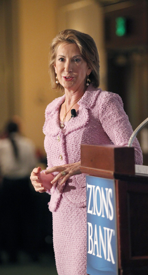 Al Hartmann  |  The Salt Lake Tribune
Carly Fiorina, former Chairman and CEO, Hewlett-Packard speaks at Zions Bank annual Trade and Business Conference in Salt Lake City Wednesday May 23.
