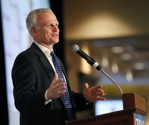 Al Hartmann  |  The Salt Lake Tribune
David Neeleman, founder of JetBlue and Azul speaks at Zions Bank annual Trade and Business Conference in Salt Lake City Wednesday May 23.