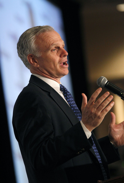 Al Hartmann  |  The Salt Lake Tribune
David Neeleman, founder of JetBlue and Azul speaks at Zions Bank annual Trade and Business Conference in Salt Lake City Wednesday May 23.